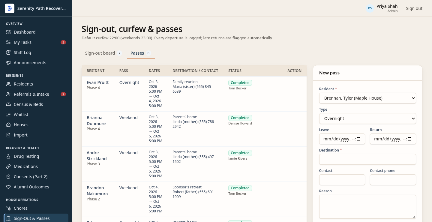 Passes list for fictional Serenity Path, with weekend and overnight passes and a new-pass form. Not a live house.