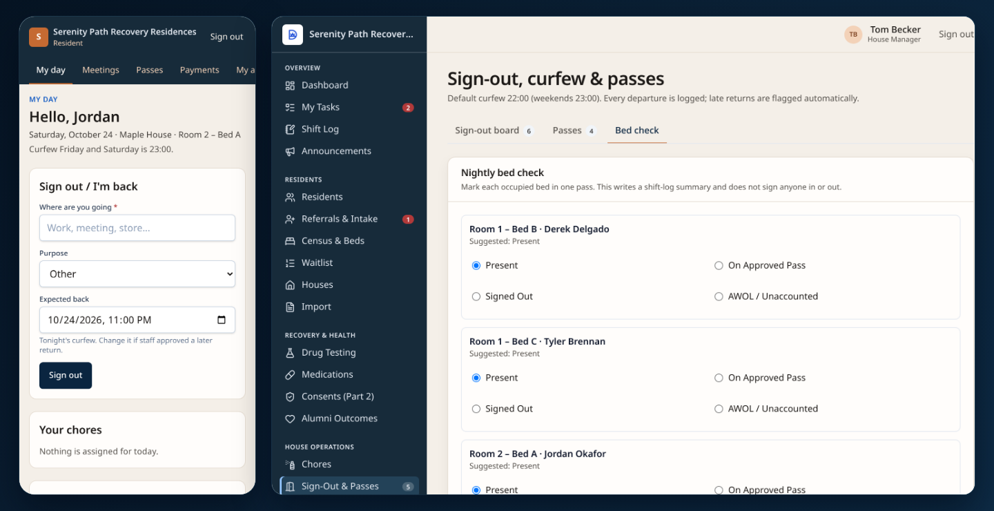 Resident mobile portal signed in as sample resident Jordan Okafor with curfew pre-filled, paired with the staff nightly bed check screen for Maple House.