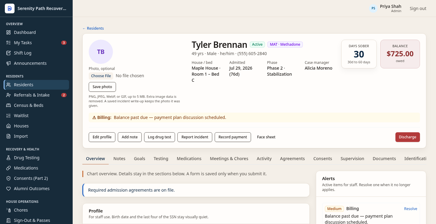 Fictional resident chart for Tyler Brennan at Serenity Path, with house and bed, admission, and a balance.